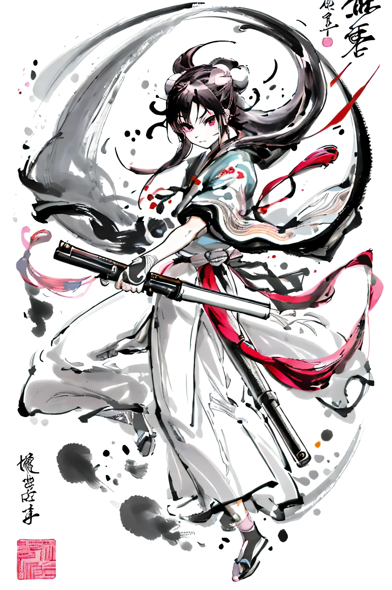 One girl, alone, Long black hair, Stand on your own two feet,(masterpiece), (highest quality), (Super detailed), (Disheveled Hair),Image of a warrior,  With a long gun, Traditional Chinese Painting, Hanfu，,Delicate face, Low Saturation,(Hair Ribbon:0.4), Pink Eyes,(((White bun hair))),(((Long pink hair))),