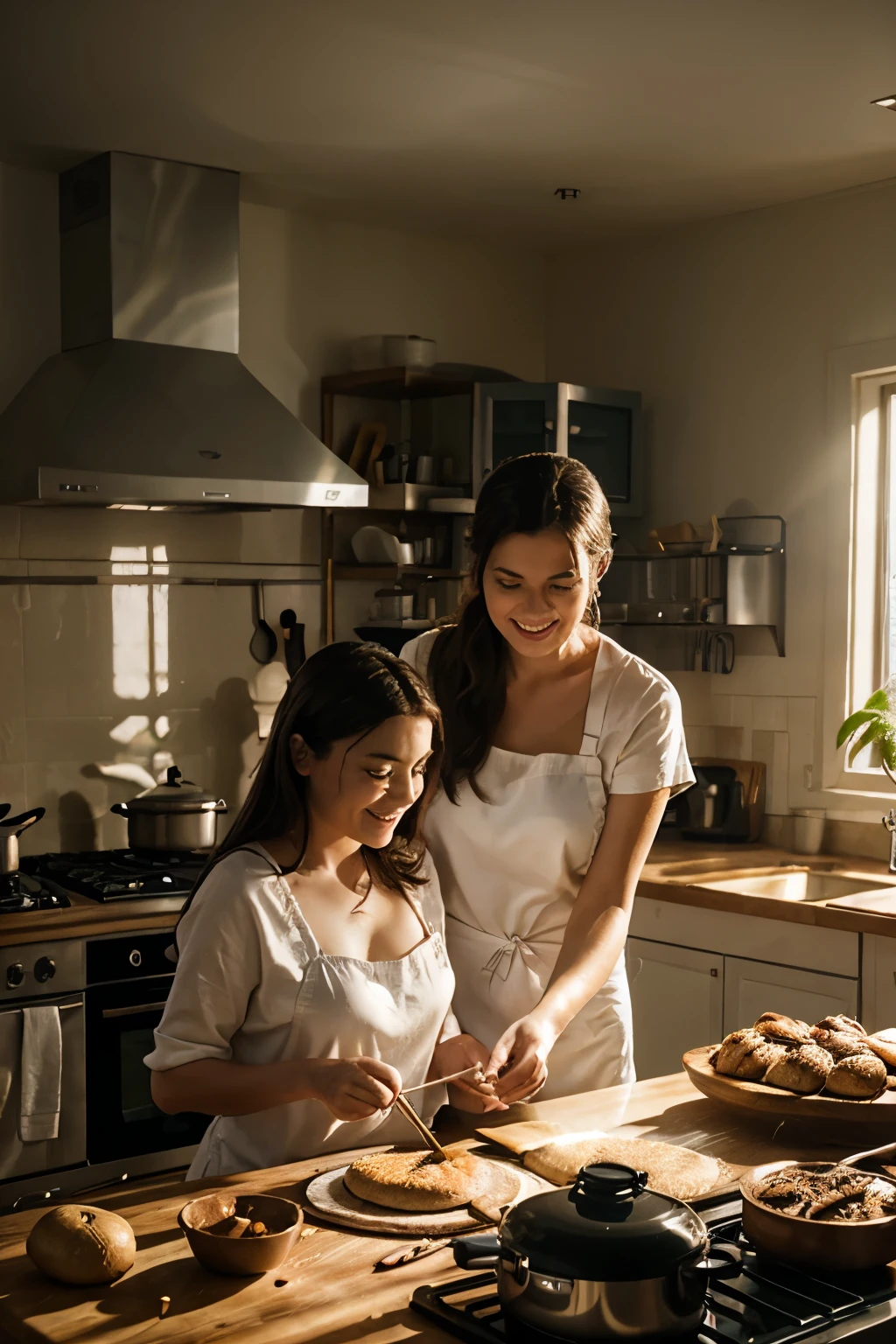 "Create a high-quality image with advanced details and a cinematic style, depicting a warm and affectionate scene of a mother and daughter preparing a cake in a kitchen. Make sure to capture realistic facial expressions, intricate ingredient details and kitchen furniture , as well as immersive lighting to convey the welcoming atmosphere of the moment. The image should evoke positive emotions and highlight the connection between mother and daughter during this special cooking moment."