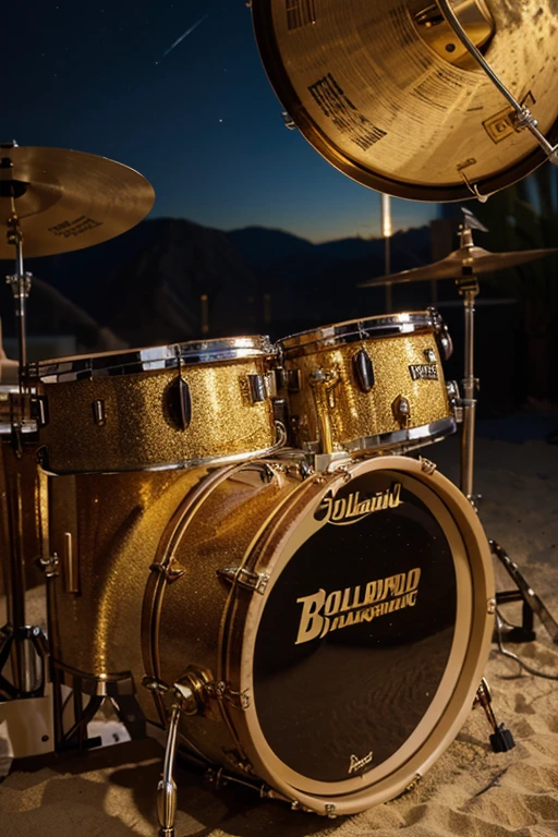 Acoustic Drum Musical Instrument, Placed Upon the Golden Sand of a Desert at Dusk, Where the Sand Glows Like Gold, Under a Dark Night Sky, The Starlit Sky Contrasts with the Golden Glow of the Sand, Realistic Photo, Shallow Depth of Field, First Plan (Primer Plano), The Cymbals and the Bass Drum Also Glow Golden, High Budget, Epic Hollywood Desert Scene, Masterpiece, Award-Winning, Professional, Highly Detailed, Detailed Texture (Detailed Texture), Gold Sheen on Drum (Brillo de Oro en la Bomba), (Polvo de