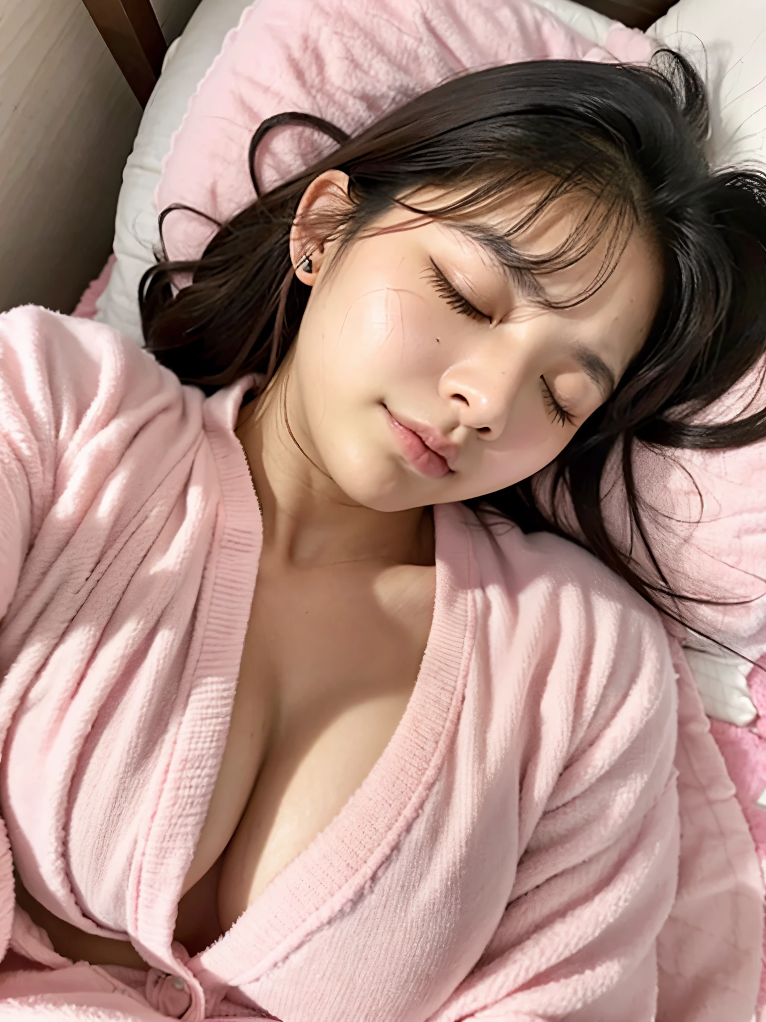 A cute face like a -yeld idWearing pink pajamas Sleeping in bed with eyes closed due to high fever He looks a little sick from the fever Sweating on face and chest Medium bust Cleavage I have a high fever and I'm lying in bed sleeping. In a dark room Natural light Whole body Full body portrait RAW Photos Indistinguishable from live-action Genuine Real Stick realism Artistic Expression Highly artistic masterpiece High resolution RAW Photos