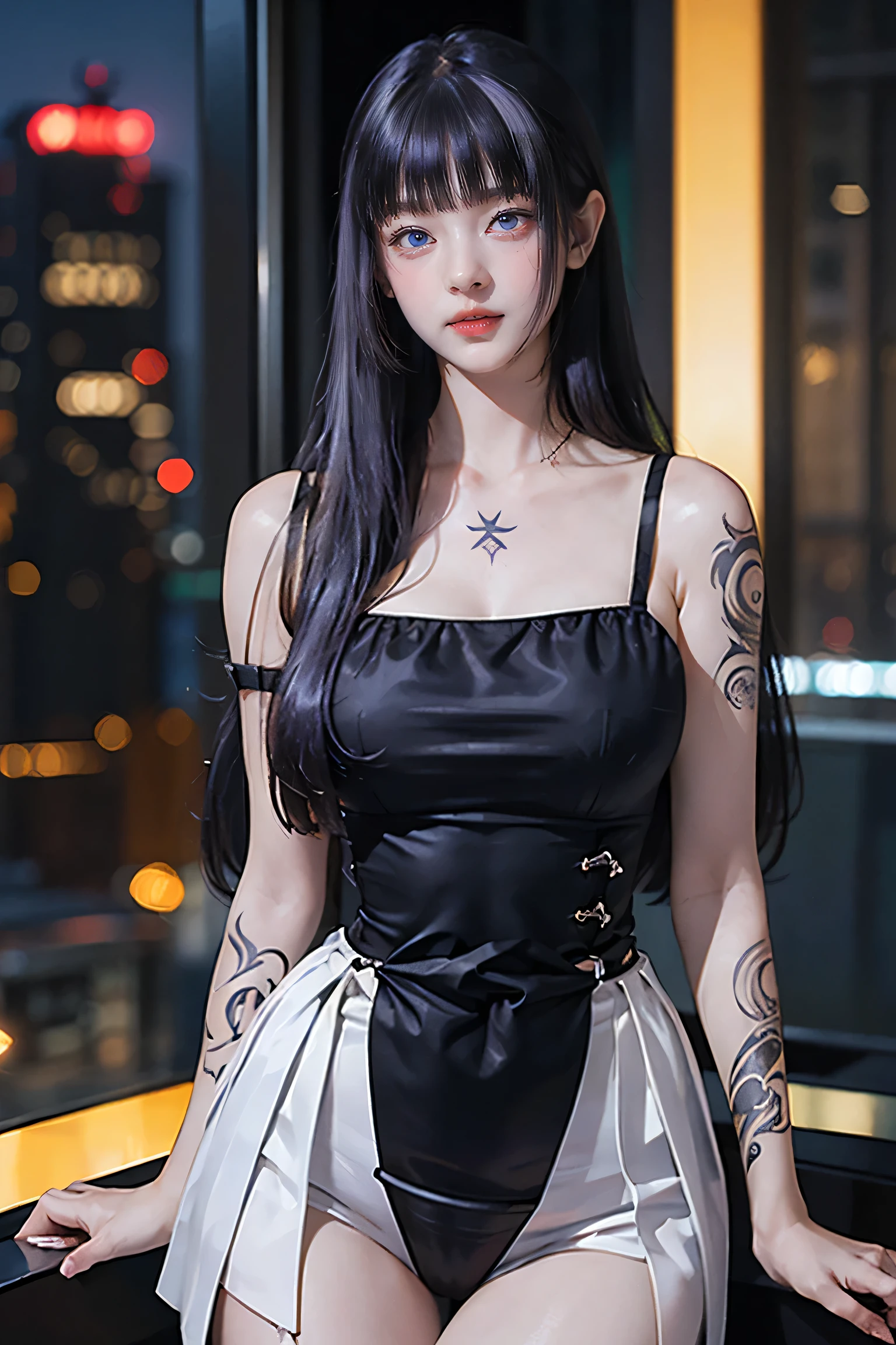 最high quality, high quality, pretty girl, alone, beautiful purple hair, Beautiful purple eyes, A light smile, (Nightclub, Night Lounge, Lounge Lady)(((He has many tattoos all over his body)), (((Tight waist))), ((Big Breasts)),(See through),panties