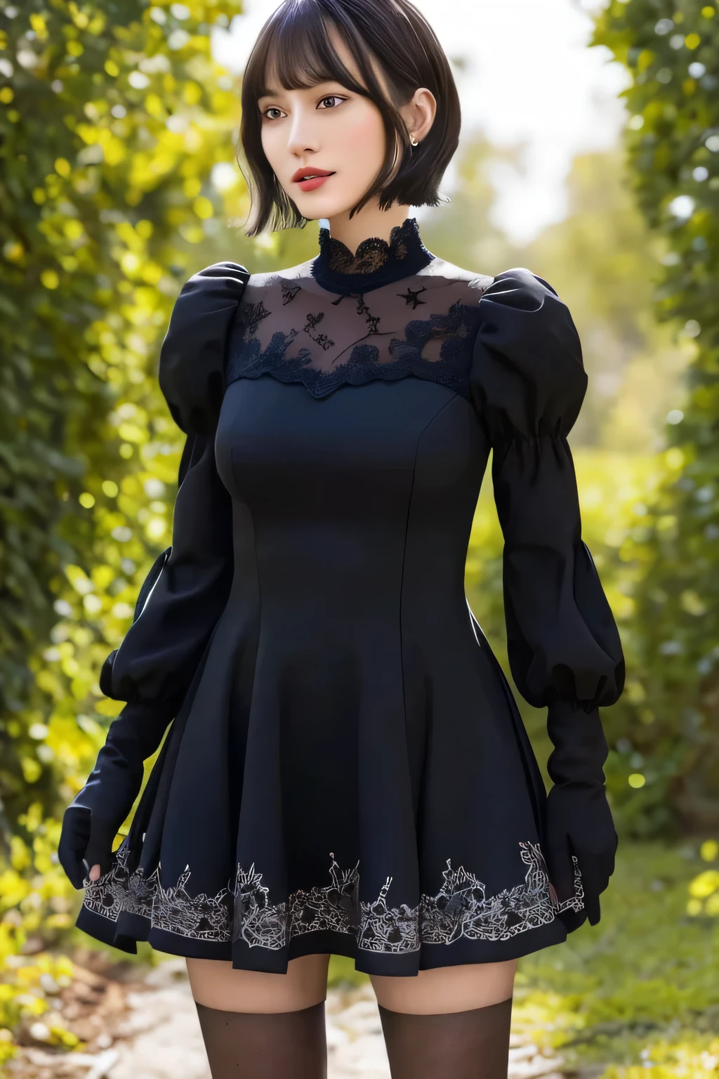 masterpiece, highest quality, High resolution, translation, Clothing cutouts, Long sleeve, Puffy sleeves, Short hair with bangs, Juliet Sleeve, Feather ornament, Black knee socks, Black gloves, Black Dress, Black Skirt, Cowboy Shot, Are standing, Outdoor