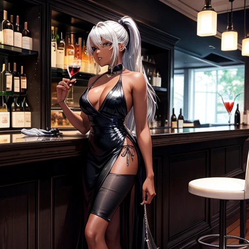 A dark-skinned woman with silver hair in a ponytail,Wearing a black cocktail dress, holding a wine glass Wearing high heels bar counter