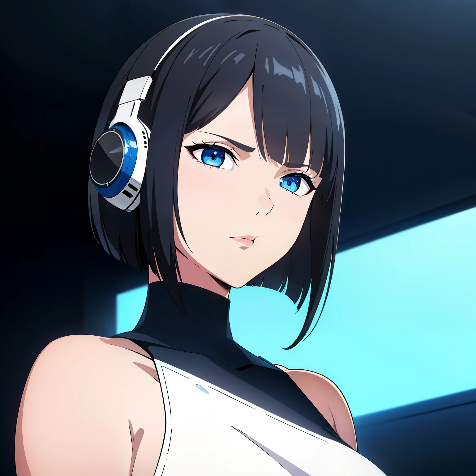 (best quality:1.5, highres, UHD, 4K, detailed lighting, shaders), black hair, short hair, sleek bob hair, cool woman, cool girl, sharp eyes, blue eyes, beautiful, (pov, close shot), simple background, casual clothes, with headphones