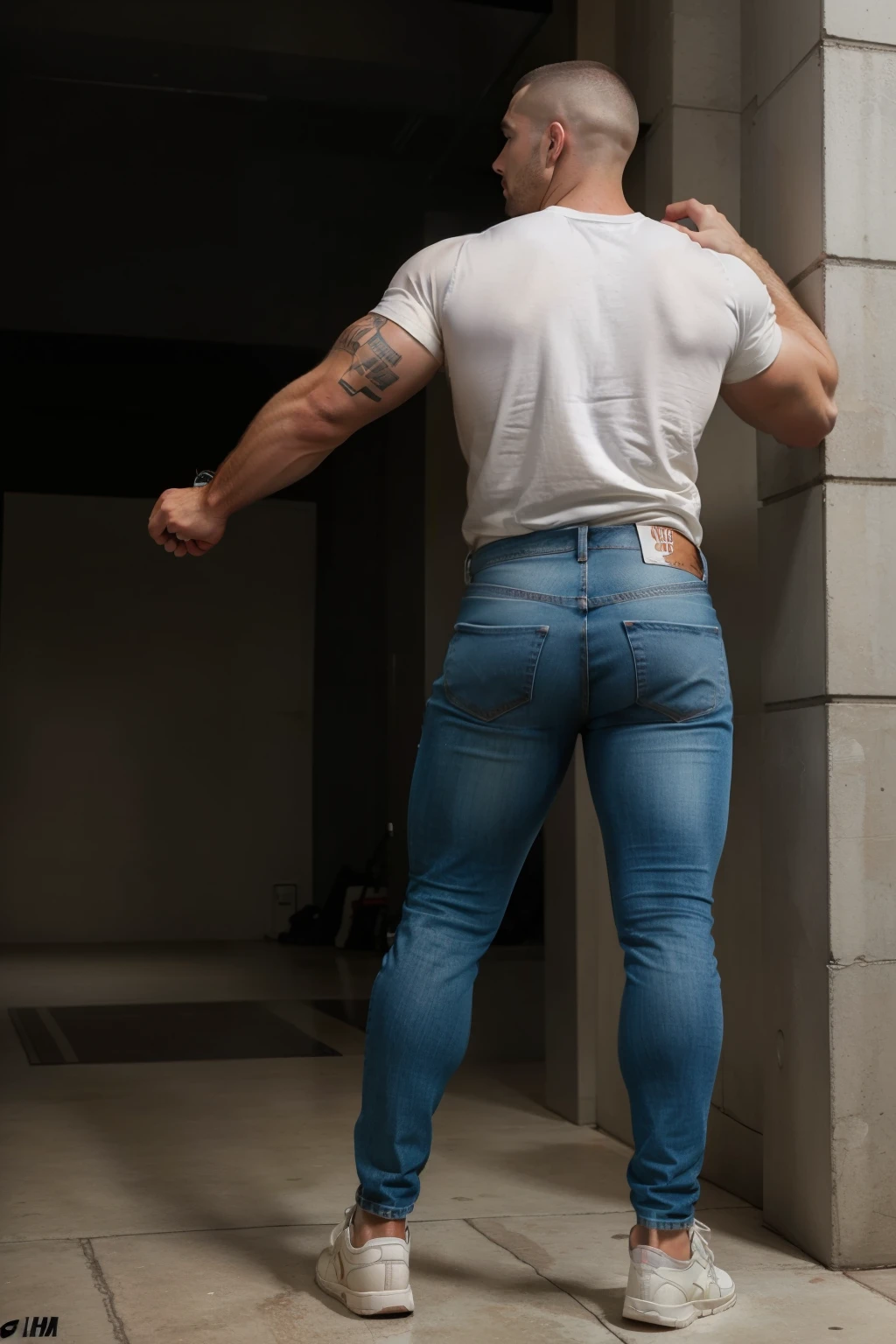 Man in off-white clothes, full body, American round inch head, Buzz cut, national character face, tall and burly, muscular male hero, heroic male pose, muscular! Wearing skins brand bodysuit tights, black hair, super gain and cool, high resolution committee, character design cycling enthusiast, sneakers, attractive strong man, (big butt), jeans backside (((bent over))) crouched manly