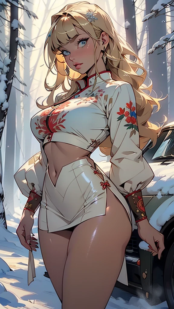 cute girl,1girl,((extremely cute and beautiful blonde haired anime girl)),((())),(large breasts:1.2),(blonde long hair:1.2, big forhead:1.2), (straight cut bangs:1.2), blonde hair, shiny hair, hairgrip, curled eyelashes:0.6,(beautiful big eyes:1.3), intricate eyes,beautiful detailed eyes,symmetrical eyes,big eyes:1.5,(apricot eyes:1.2), extremely detailed cute anime face, clear pale blush, dark brown skin, solo,🦄,🌈,kawaii,((fat)),(((lustrous skin:1.5,bright skin: 1.5,skin tanned,shiny skin,very shiny skin,shiny body,plastic glitter skin,exaggerated shiny skin,illuminated skin))),(spider lower abdomen,narrow waist,wide hip,athletic body,inflated legs,thick thighs,detailed body,(detailed face)),
cute,slutty,seductive,erotic,(nsfw),
zettai ryouiki,revealing clothing,show skin,mini skirt,(navel),(snowflake wreath),winter clothes,(((intricate outfit,intricate clothes,embroidered outfit,ornate outfit,embroidered clothes,ornate clothes))),
(dynamic pose:1.0),embarrassed,(centered,scale to fit dimensions,Rule of thirds),
((snowy pine forest)),winter,scenery:1.25,((intricate scenery)),((snow forest background)),Christmas tree,
(Glossy winter ornaments),highres,sharp focus,(ultra detailed,extremely detailed),(photorealistic artwork:1.37),(extremely detailed CG unity 8k wallpaper),(((vibrant colors,vibrant theme))),(intricate),(masterpiece),(best quality),