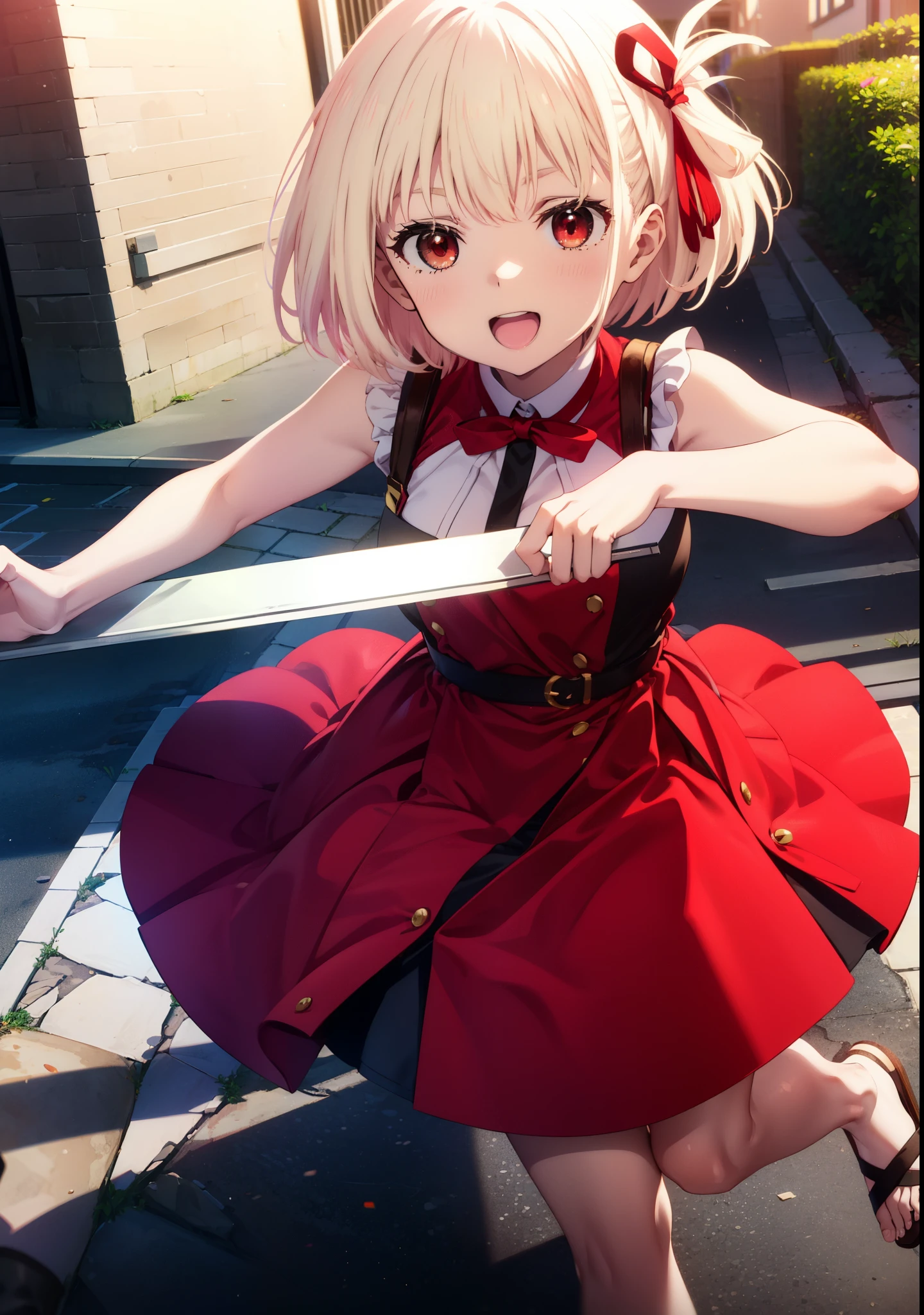 chisatonishikigi, Chisato Nishikigi, short hair, bangs, blonde, (Red eyes:1.5), Hair Ribbon, One side up, Bobcut,happy smile, smile, Open your mouth,
Open your mouth, Red sleeveless dress,Bare arms,Red long skirt,Cute Sandals,whole bodyがイラストに入るように,Daytime,sunny, walk,break looking at viewer,whole body, break outdoors, city,area,bridge、 break (masterpiece:1.2), highest quality, High resolution, unity 8k wallpaper, (shape:0.8), (Beautiful details:1.6), Highly detailed face, Perfect lighting, Extremely detailed CG, (Perfect hands, Perfect Anatomy),