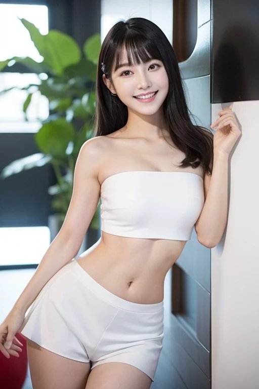 Chinese woman, Ningning, long cut, black hair, flat bangs hair, sexy woman, K-pop idol, Aespa K-pop, smiling, single woman, white strapless tube top, white short pants, white knee high boots