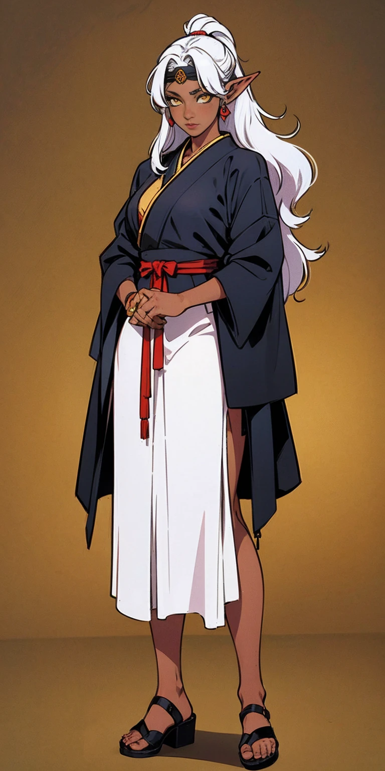 Female full body, standing straight symmetrical feet together, Pirotess dark elf, dark skin, long white hair, circlet, yellow eyes, 1990s (style), ninja Kunoichi, female 1sologirl