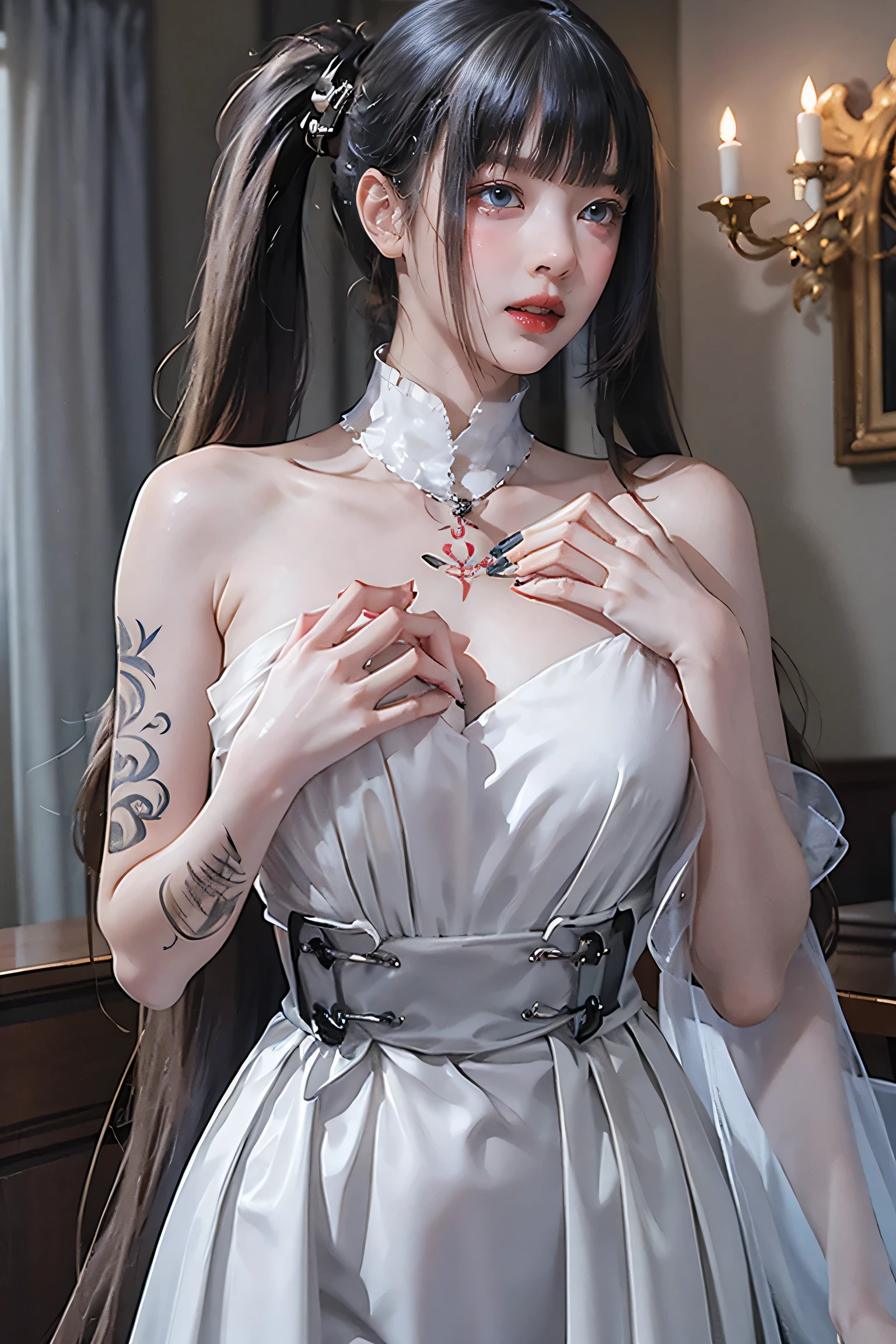 woman, Severe, elegant, Pink Dress, Aristocratic, silver element, Long nails, Exposing shoulders, Hairstyle, Put your hair up, Braids and ponytails, Messy, arrogant, Absurd, Detailed dress, Royalty, celebration, Hall decorated with flowers, Cowboy Shot, Portraiture, (highest quality), (masterpiece), (Very detailed), (4K),(((He has many tattoos all over his body)), (((Tight waist))), ((Big Breasts)),(See through)，panties