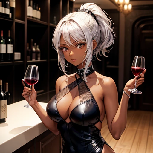 A dark-skinned woman with silver hair in a ponytail,Wearing a black cocktail dress, holding a wine glass Wearing high heels bar counter The barmaid is a woman with short red hair.