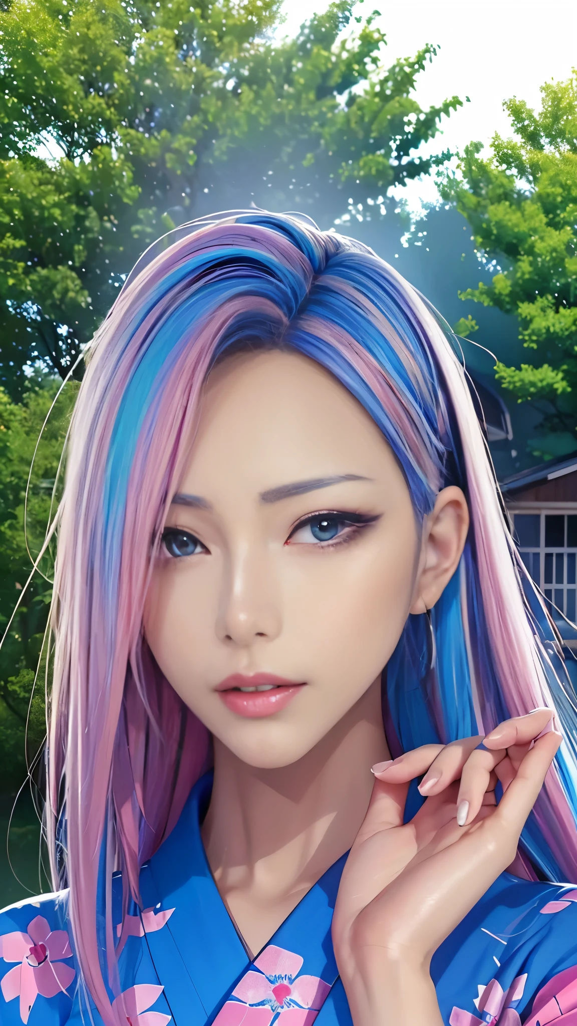 (masutepiece), (((Highest Quality)), (super detailed), 1 girl, (Iridescent hair, Colorful hair, Half blue and half pink hair: 1.2), 17 years old, (Yukata: 1.2), Midsummer Night、plein air, Bangs, Smile, sky-blue eyes, Perfect hands, Perfect hands, Hand Details, Corrected Fingers. earrings, Night Store + Background, up looking_in_viewer, Cowboy Shot, of the highest quality, rich detail, Perfect image quality, blue dark color