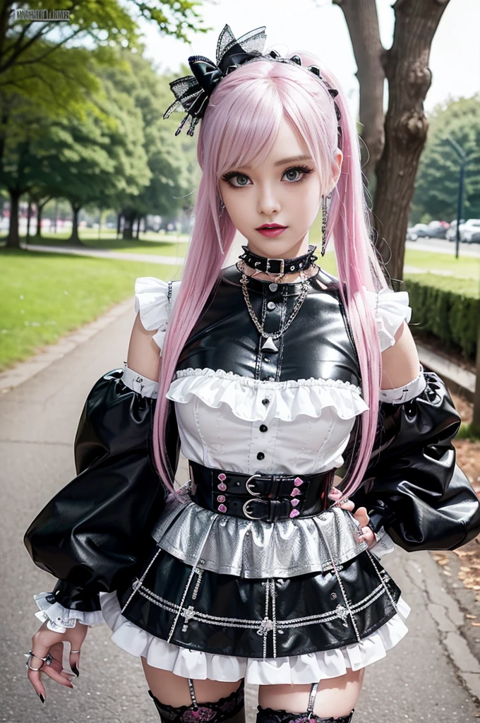 sexy stylish Swedish model, only 1 female, ((doll-like appearance)), long neon pink stylish hair, ((shiny Punk-Style boots)), (big smile), ultra detailed eyes, Punk makeup, lipgloss, ((sexy Punk ta cosplay)), unconventional skirt, petticoats, high neckline, ((ultra detailed lace)), ((ultra detailed embroidery)), intricate details, tartan patterns, (silver chains), (silver spikes), (safety pins), Punk Loliccessoires, Punk Lolita cr, ((large sparkling Punk Lolita jewel, cinematic light, detailed large park background with trees 