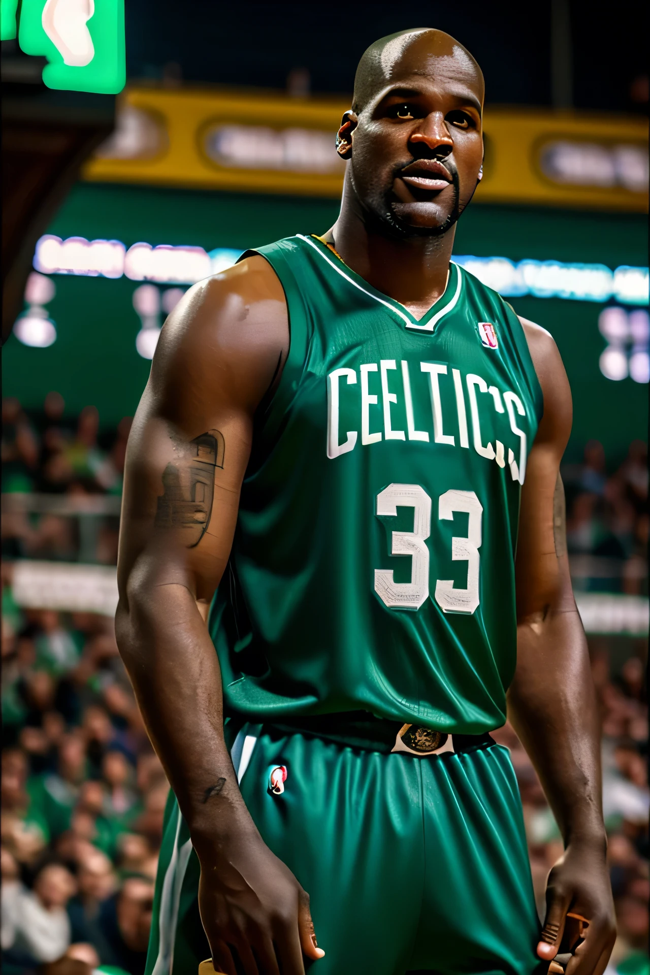 Shaquille O'Neal Boston Celtics player, half body shot, detailed face, detailed representation of the face, detailed eyes, high quality, high resolution, best image, whole body shot wearing his baskteball jersey outfit, facing the audience, 8k, high quality, colorful background