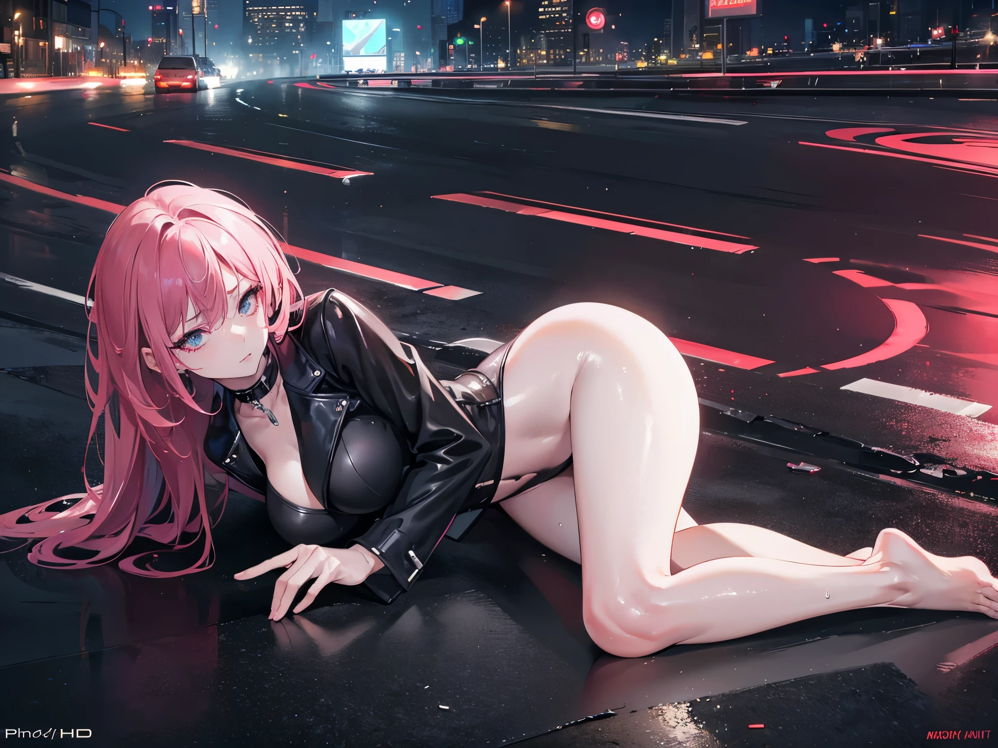 a mature woman with tall, slim figure, long legs, pink and black hair, provocative and sexy expression, wearing only black underwear, on the ground in the middle of a city street at night, barefoot, full body shot, having an intense orgasm, (best quality,4k,8k,highres,masterpiece:1.2),ultra-detailed,(realistic,photorealistic,photo-realistic:1.37),highly detailed facial features,detailed skin texture,dramatic lighting,cinematic composition,moody atmosphere,neon city lights,wet asphalt road,dark shadows