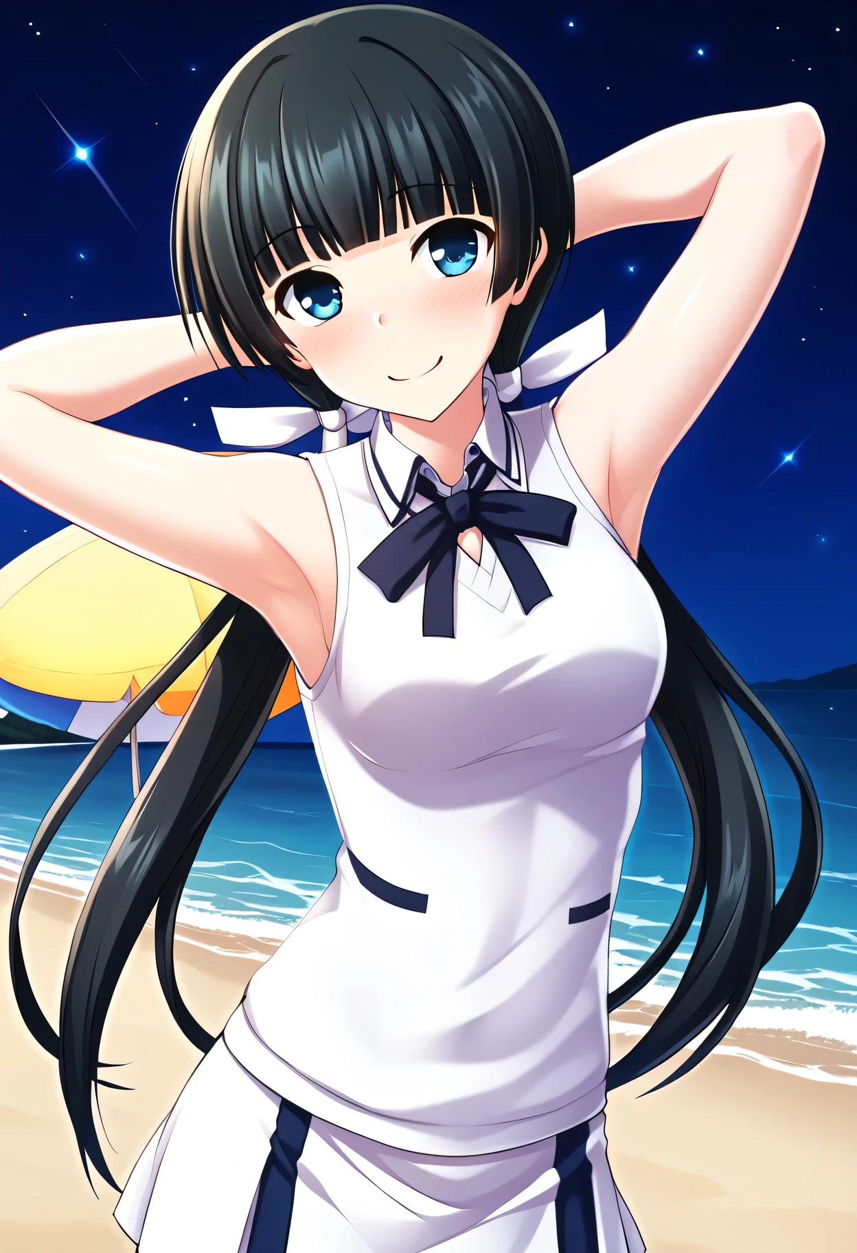 Mayuzumi Yukie, black hair, blunt bangs, long hair, low twintails, blue eyes , short sleeves, white sweater vest, white shirt, white skirt, neck ribbon, black ribbon, high quality, solo, night sky, beach, arms behind head, contrapposto, closed mouth, spread armpits, (cowboy shot:1.5), looking at viewer, shy, light smile, best quality, blushing,