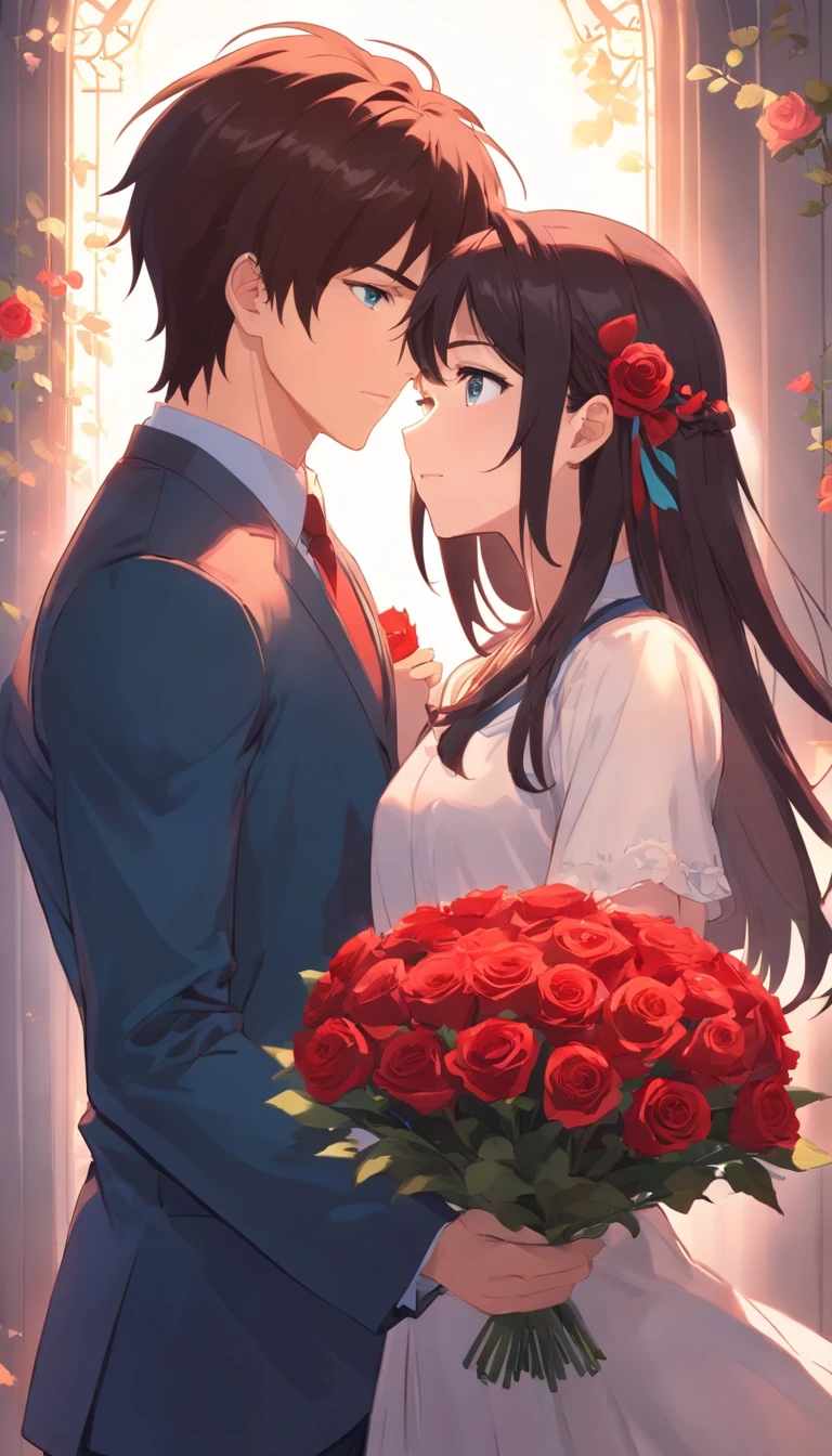 brunette color hair, Handsome guy with red eyes,Holding roses,courtship,Black-haired and blue-eyed girl