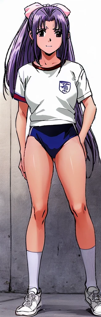 Momoko Koigakubo, a tall girl with beautiful legs, is wearing white gym clothes and light navy blue bloomers that look like panties. She is standing with her legs spread to the sides, her hands pressed against the edges of her bloomers, and a smile on her face, wet with sweat.。