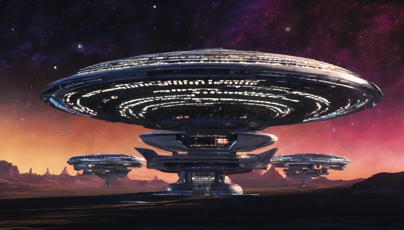 (((The space station is massively bigger than Babylon 5, but in the shape of Deep Space 9))). (((The space station has 6 O'Neal Class space stations off in 5 directions, & 1 down the middle))). It's 10 times bigger than Saturn, and generates it's own power. There are hundreds of starships going to & fro, from the station, at any hour of the day. The station is in the foreground. There are many stars, a nebula, and a comet, in the background., conceptual art, vibrant, dark fantasy, ukiyo-e, 3d render, architecture, portrait photography, cinematic, vibrant glass, diamond, J. Michael Strazynski style.