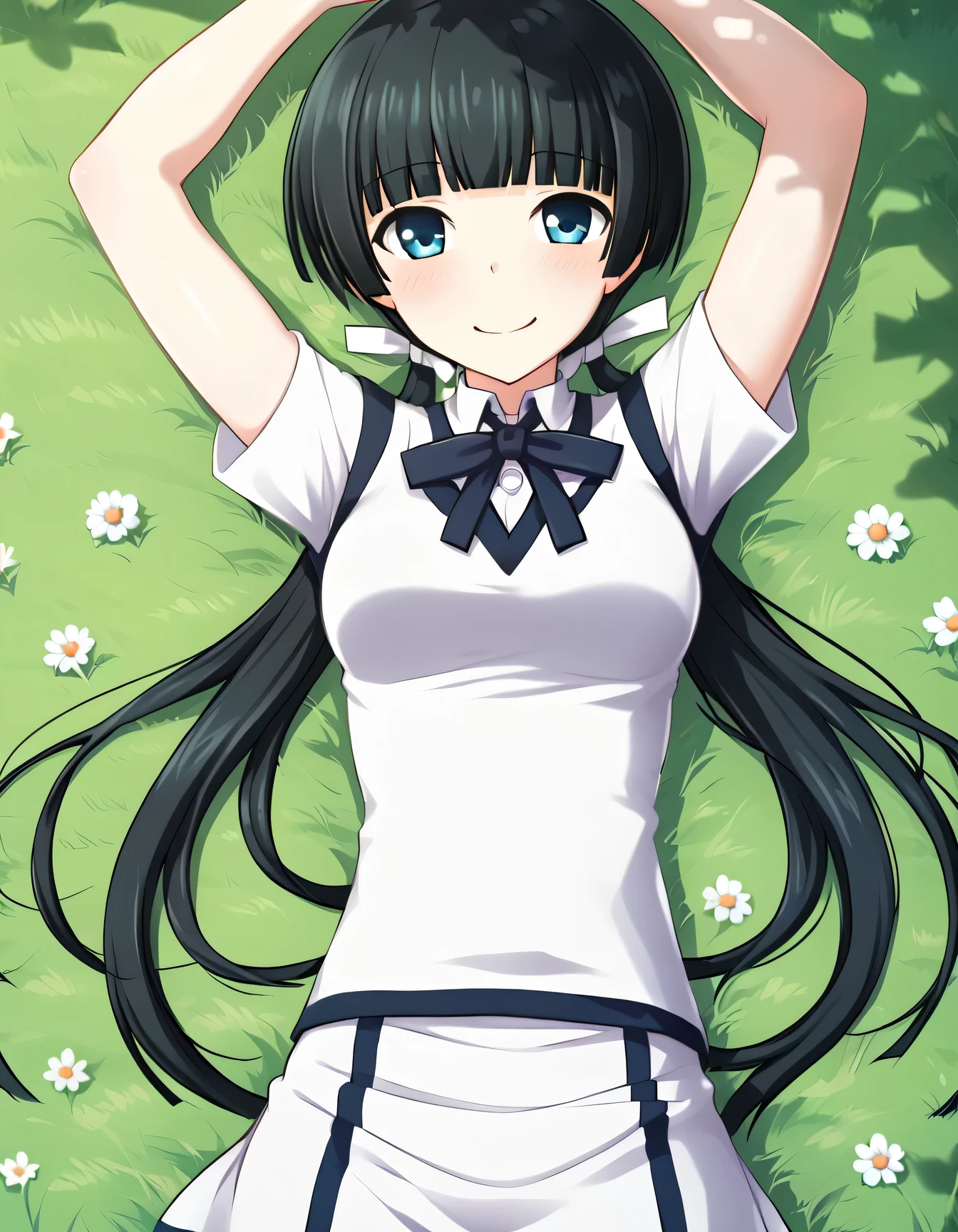 Mayuzumi Yukie, black hair, blunt bangs, long hair, low twintails, blue eyes , short sleeves, white sweater vest, white shirt, white skirt, neck ribbon, black ribbon, solo, high quality, looking at viewer, closed mouth, on back, on grass, arms up, (cowboy shot:1.5), lying, best quality, smile, blushing,