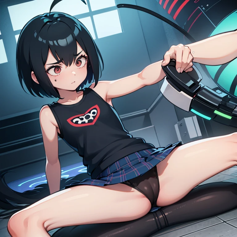 Peni parker (droopy eyes, Cara somnolienta, angle from below, Piel realista), (((straddling to hit her panties against the tubing machine installed on the floor))), Piernas abiertas, blusa fina, falda larga, alley, Zapatos, dibujo detallado de bragas, , aretes diminutos, entrepierna escondida con su falda
