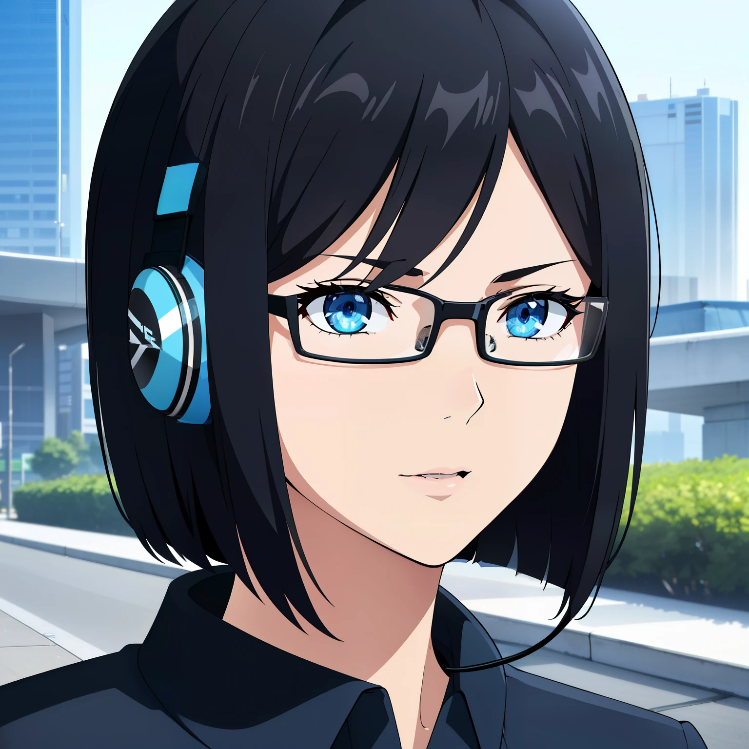 (best quality:1.5, highres, UHD, 4K, detailed lighting, shaders), black hair, short hair, sleek bob hair, cool woman, cool girl, sharp eyes, blue eyes, beautiful, (pov, close shot), simple background, casual clothes, with headphones, with glasses