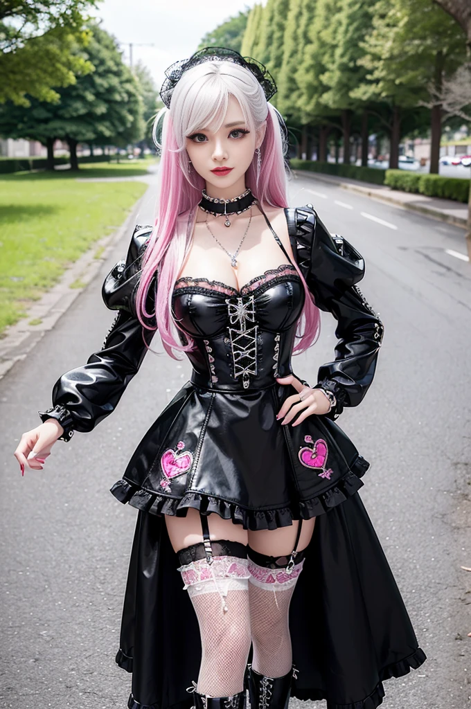 ???? stylish Swedish model, only 1 female, ((doll-like appearance)), long neon pink stylish hair, ((shiny Punk-Style boots)), (big smile), ultra detailed eyes, very detailed makeup, lipgloss, ((???? Punk Lolita cosplay)), unconventional skirt, petticoats, high neckline, ((ultra detailed lace)), ((ultra detailed embroidery)), intricate details, tartan patterns, (silver chains), (silver spikes), (safety pins), Punk Lolita accessoires, Punk Lolita choker, ((large sparkling Punk Lolita jewelry)), cinematic light, detailed large park background with trees 