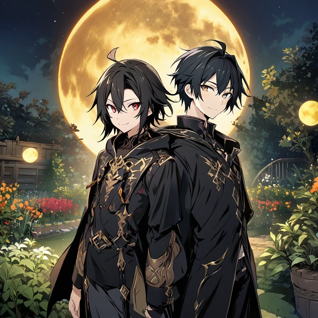 2boy, age 18, (Hyakuya Mikaela, \(Swort Art Online\) (Hyakuya Yuuichiro \(Swort Art Online\), (short black hair) (short black hair), (ruby red eyes) (golden eyes):1.2, black costume, black cape, bangs, (smiling gently) (smiling mischievously), ((ultra-detailed)), ((illustration)), ((neat hair)), (beautiful detailed eyes), (male, 1boy) (male, 1boy), standing side by side, ((garden, night, gold moon)), looking at viewer