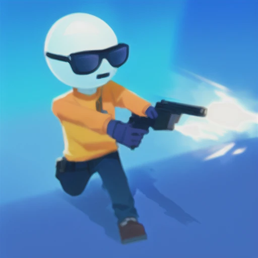 Close-up of a man with a gun in cartoon style, Third-person shooting游戏, Shootout, First-person shooting, gunfight, Inside game style, First-person shooting游戏, Third-person shooting, bullet time, Upper body 2d game avatar, Snow Army War, Stylized art, Fight like crazy, bullet trajectory, Fierce battles, Armed and dangerous