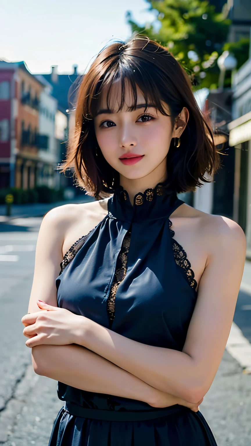a woman posing on the street corner with light オレンジ色のドレス on, highest quality, High resolution, 8k, 1peopleの女の子, (Neat bangs:1.5), Day, bright, Outdoor, (street:0.8), (people々, crowd:1), (lace trim dress:1.5, brightホワイトの服:1.5, Black high neck dress:1.5, Sleeveless dress), nice, (Medium Hair), Beautifully detailed skies, Beautiful earrings, (Dynamic pose:0.8), (Upper Body:1.2), Soft lighting, Wind, Shiny skin, View Viewer, ((Firm and well-shaped chest))