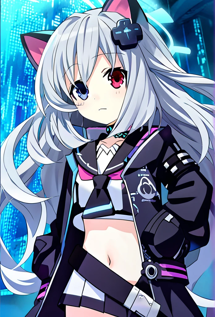 ((1girl)), ((grey hair)), cute, wavy long hair, cat-eared headset with neon light purple color, heterochromia eyes (blue eyes, red eyes), ((black and dark blue outfit)), white ornaments, red skirt, grey wavy hair, hair ornaments, dark blue opened cyberpunk jacket with red lines, navel showing black sailor uniform, grey sailor collar, black shirt, short sleeves)), midriff, black miniskirt