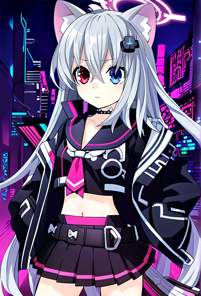 ((1girl)), ((grey hair)), cute, wavy long hair, cat-eared headset with neon light purple color, heterochromia eyes (blue eyes, red eyes), ((black and dark blue outfit)), white ornaments, red skirt, grey wavy hair, hair ornaments, dark blue opened cyberpunk jacket with red lines, navel showing black sailor uniform, grey sailor collar, black shirt, short sleeves)), midriff, black miniskirt