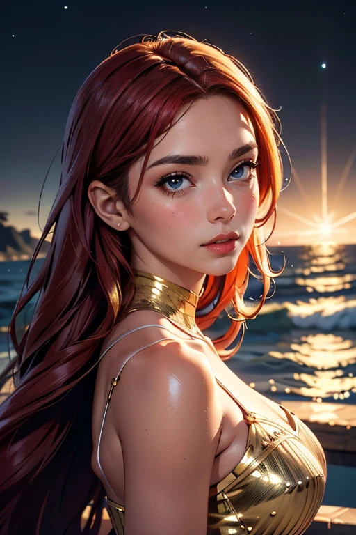 Hyper realistic nocturnal landscape, starry sky, the sea is quiet, the water's trail is visible on the shore, highly detailed realistic landscape, 8k quality, close-up shot, there is a 1.70 tall, slim Latina woman with long red hair and a refined nose. Her large eyes are filled with full lips and fine eyebrows. She is wearing a misty white dress with golden details. Her makeup is simple, with slightly shiny champagne-colored cheekbones, golden eyeshadow, and long, thick eyebrows. The atmosphere is tranquil and captivating, with the woman gazing intently into the distance. The composition is dynamic, with the woman in