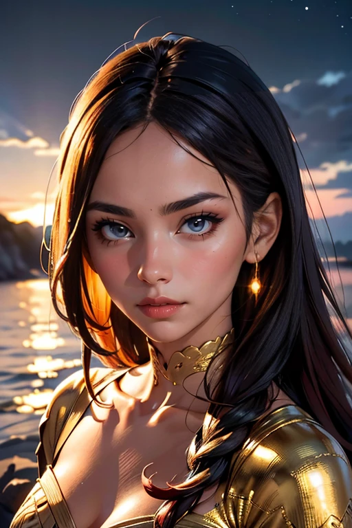 Hyper realistic nocturnal landscape, starry sky, the sea is quiet, the water's trail is visible on the shore, highly detailed realistic landscape, 8k quality, close-up shot, there is a 1.70 tall, slim Latina woman with long red hair and a refined nose. Her large eyes are filled with full lips and fine eyebrows. She is wearing a misty white dress with golden details. Her makeup is simple, with slightly shiny champagne-colored cheekbones, golden eyeshadow, and long, thick eyebrows. The atmosphere is tranquil and captivating, with the woman gazing intently into the distance. The composition is dynamic, with the woman in