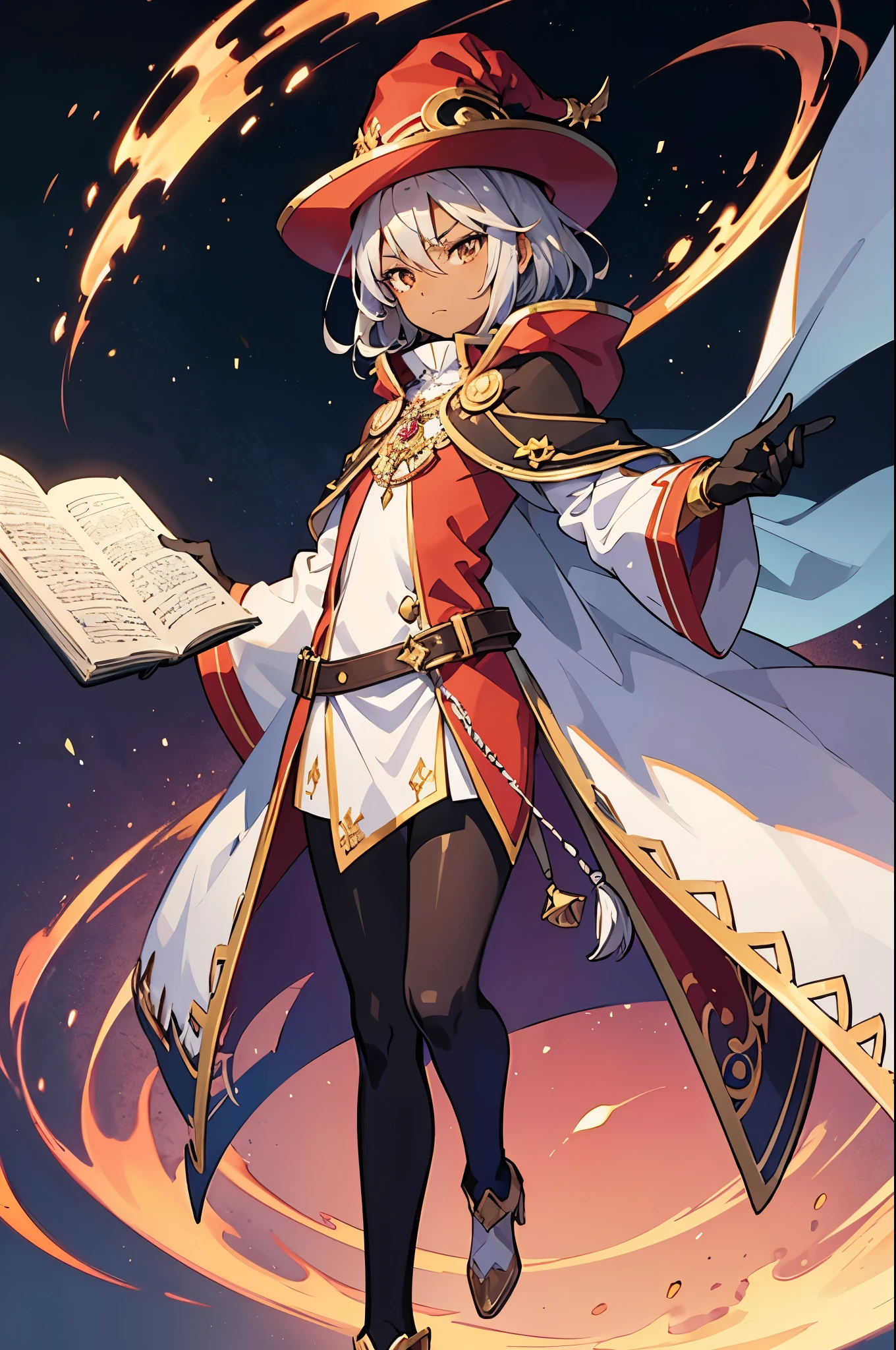(Complete body, best quality, anime style, 4k) 1 boy!!, solo, dark skin, brown eyes, short silver hair, wizard costure, serious face, red wizard hat with silver details, ciberpunk wizard clothes with silver dettails, red gloves, silver spell book with violet diamond, magic library, colorful, day