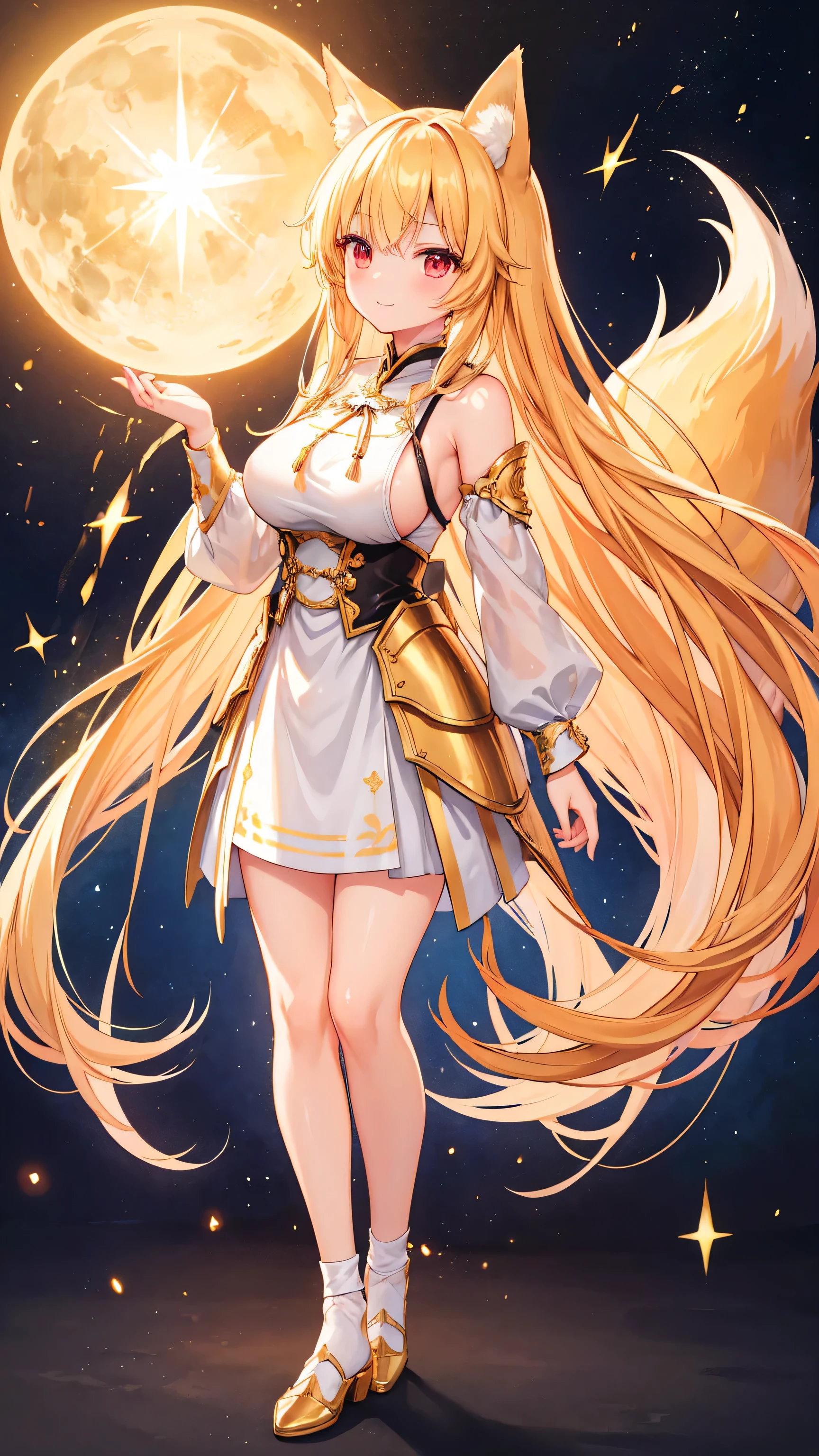 （masterpiece）、(highest quality)、((Very detailed))、(Very delicate)、cute、blonde、Big Breasts、Nice、Fantastic forest and starry sky、Golden Fox Tail、Golden fox ears、Red eyes、one person、Long Hair、(Full body portrait),(Are standing:1.3)、Absolute area、cute armor suit、（Full body golden metal armor）、cute smile、He has a big sword in his right hand、Very delicateな光, finely detailed eyes and Detailed face, Detailed light, (Best Shadow), Beautiful details, (Detailed body), Detailed face, (colorful), Beautiful detailsまでこだわった髪, Detailed Background:1.3, Fantasy, (Particles of light)、Cute smile