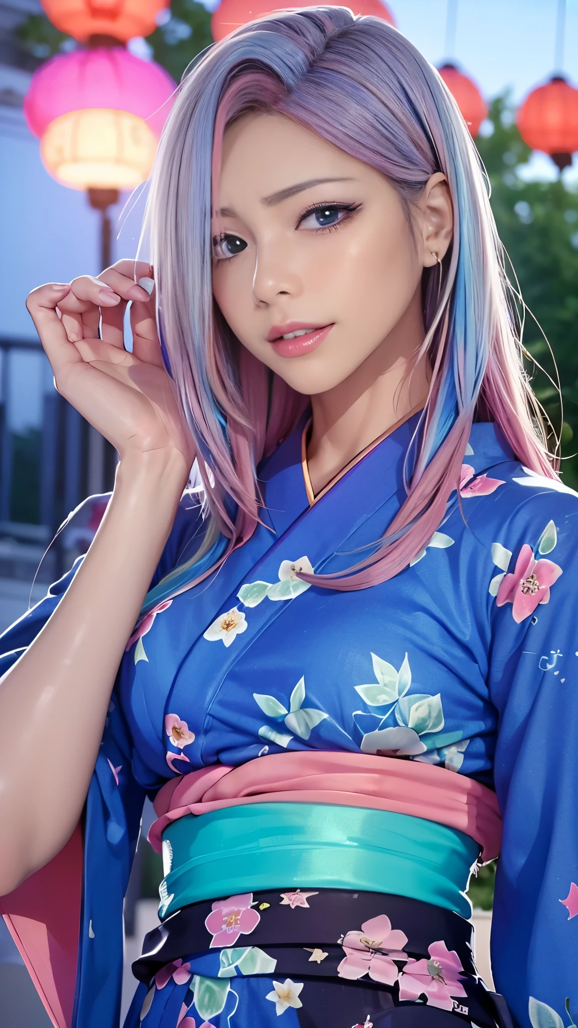 (masutepiece), (((Highest Quality)), (super detailed), 1 girl, (Iridescent hair, Colorful hair, Half blue and half pink hair: 1.2), 17 years old, (Yukata: 1.2), Midsummer Night、plein air, Bangs, Smile, sky-blue eyes, Perfect hands, Perfect hands, Hand Details, Corrected Fingers. earrings, Night Store + Background, up looking_in_viewer, Cowboy Shot, of the highest quality, rich detail, Perfect image quality, blue dark color、(night:1.5, Japanese Summer Festivals)