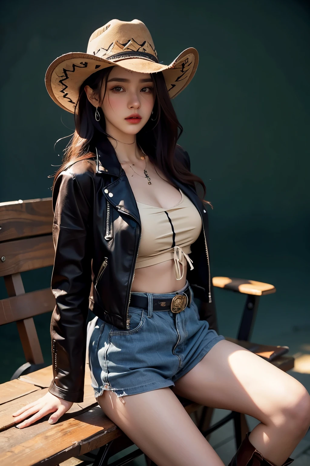 4K HLTRA HD, Masterpiece, best quality, female, nice face, detailed eyes, detailed lips, long hair, straight hair, wearing a cowboy costume, green leather jacket, green clothes, cowboy hat, blurred background, morning, seat, full body capture,