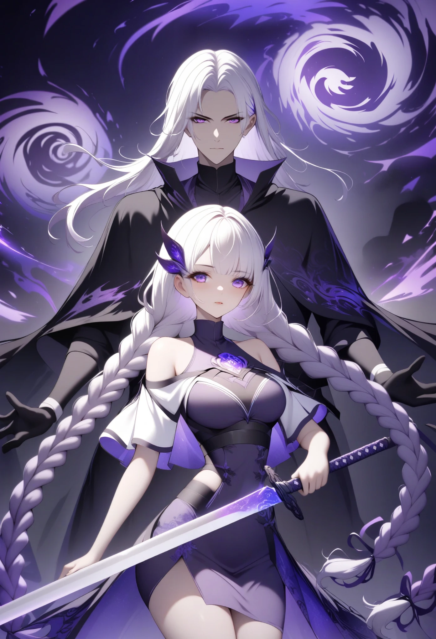 紫色Luminescence飞镖，Swords，1 Girl，Purple Eyes，White long hair，Purple double long braids，High Neck Off Shoulder Cropped Short Sleeve Top，Skirt slit，Holding a long sword.Mysterious man in cloak，The power of darkness，Luminescence，Violet fluorescence，Surround，swirl，supernatural power