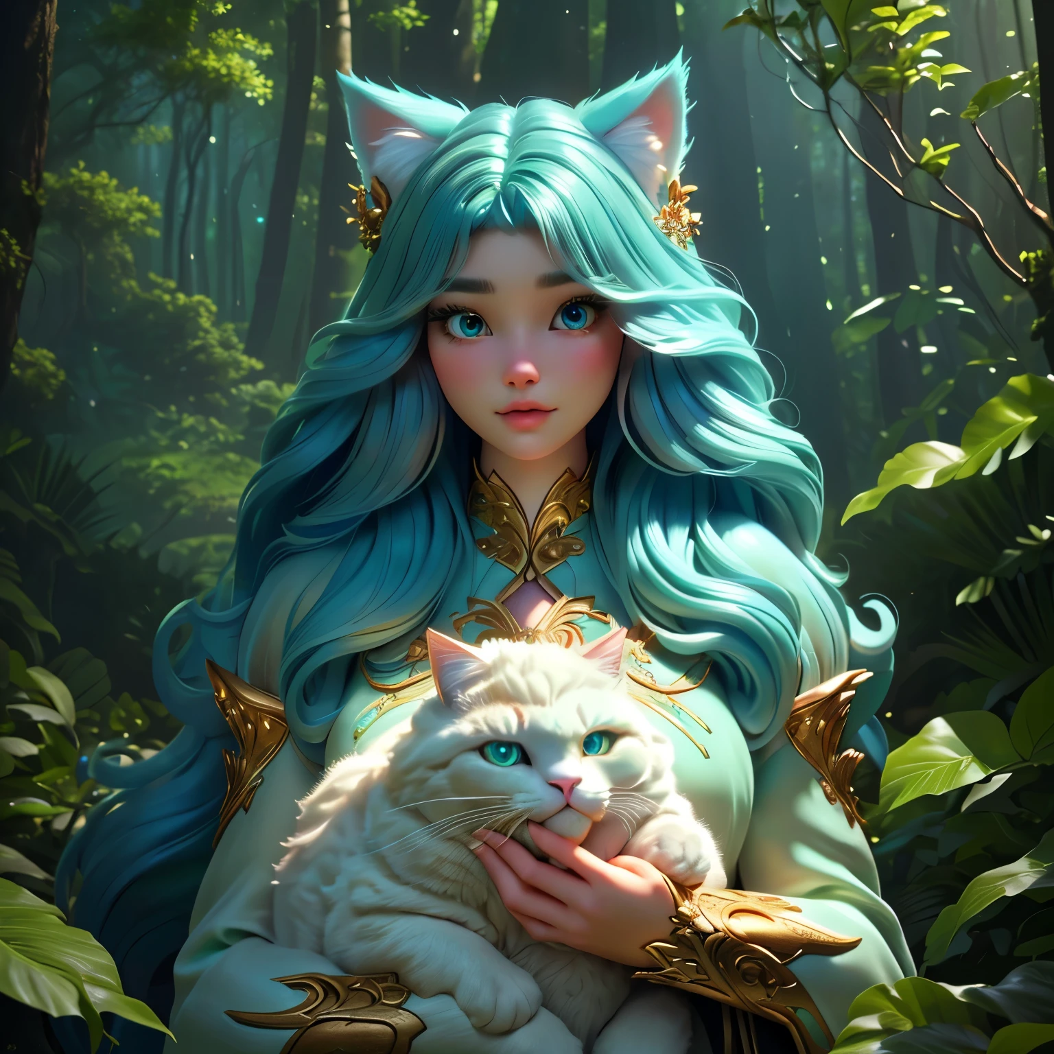 A young girl and a large fluffy cat-like creature in a lush forest、Detailed face、Highly detailed eyes、Beautiful detailed lips、Long eyelashes、Realistic and intricate details、Beautiful natural light、Bright colors、Cinematic composition、Award-winning digital art、elegant、Fantasy、Fantastic、Magical realism、Anatomically correct fingers、Anatomically correct body structure、