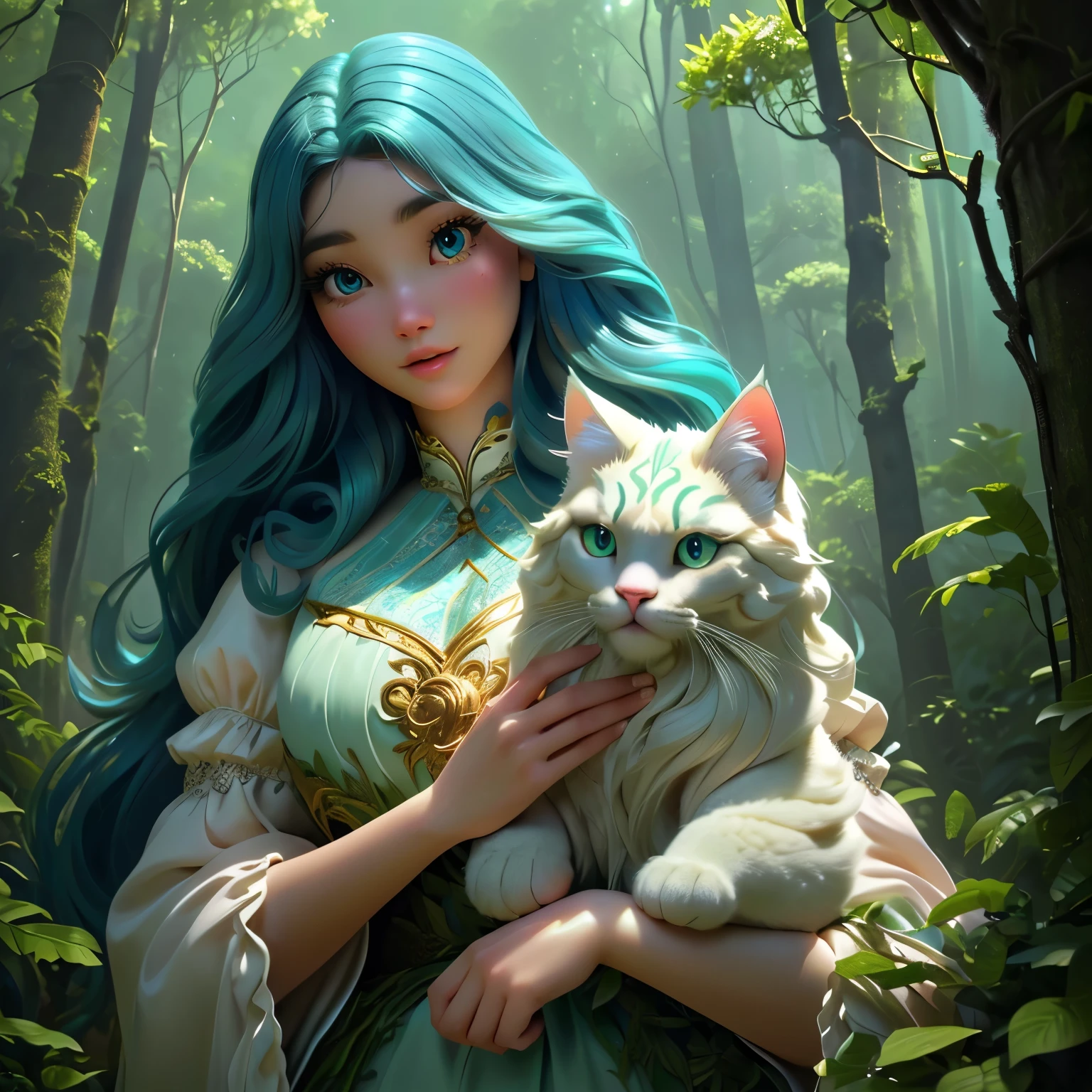 A young girl and a large fluffy cat-like creature in a lush forest、Detailed face、Highly detailed eyes、Beautiful detailed lips、Long eyelashes、Realistic and intricate details、Beautiful natural light、Bright colors、Cinematic composition、Award-winning digital art、elegant、Fantasy、Fantastic、Magical realism、Anatomically correct fingers、Anatomically correct body structure、