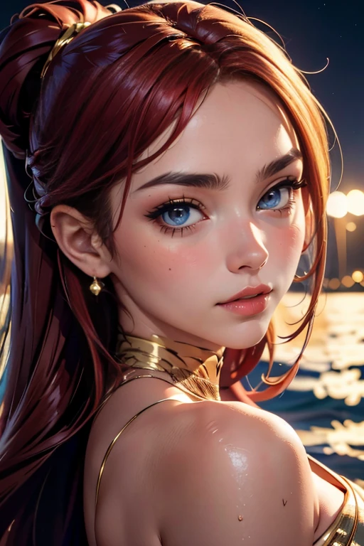 Hyper-realistic Nocturnal Landscape, Starlit Sky, the Sea is Quiet, the Water's Trail is Visible on the Shore, Highly Detailed Nightscape, 8K Quality, Close-up Shot, There is a 1.70m Tall, Slim Latin Woman with Long Red Hair and a Finely Chiseled Face, Pushed-up Nose, Large Eyes, Full Lips, and Fine Eyebrows. Her Makeup is Simple, with Slightly Shiny Champagne-colored Cheekbones, Golden Eye Shadow, and Long, Thick Eyebrows. She is Wearing a Misty White Dress