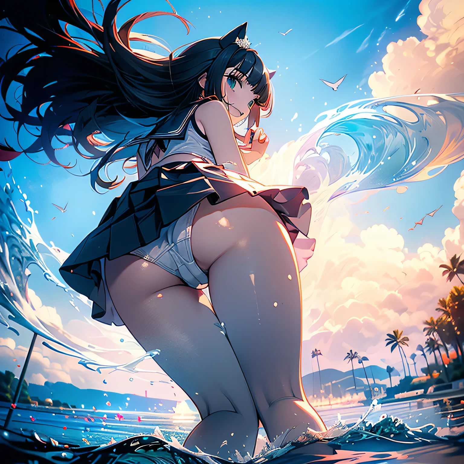 (looking back at the viewer),((panty shot)),((lifting skirt)),((white panties focus)),Looking back,(low angle,from below),((masterpiece, highest resolution,best quality)), (beautiful illustration), ((semi long beautiful black hair,blunt bangs,pony tail,beautiful green eyes)),(solo),(Japanese high ,sailor,mini skirt,elegant swimsuit, bikini,mini skirt),(looking back at the viewer), (bathing in the sea),(innocent cute laugh,teeth), (cinematic lighting),beach, sand, blue sky,waves, coconut tree,fish,boat,sea gull,