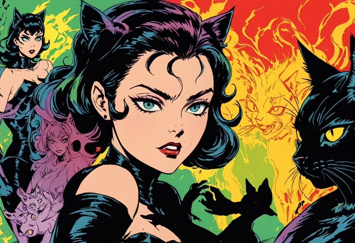 comic 1960's, Catwoman, Catgirl (soon to be Catwoman) with cat, girl with ethereal spirit cat, cinematic poster, image within image, multiple exposure, massive scale, rich color grading for shading depth, hand drawn rotoscope cartoon realism, chiaroscuro lighting, mixed media, vintage comic, retro original design, 1990's comic, sense of movement energy) (Joelle Jones Catwoman style reference), (full roygbiv color) ink charcoal expressive illustration, gritty noir aesthetics