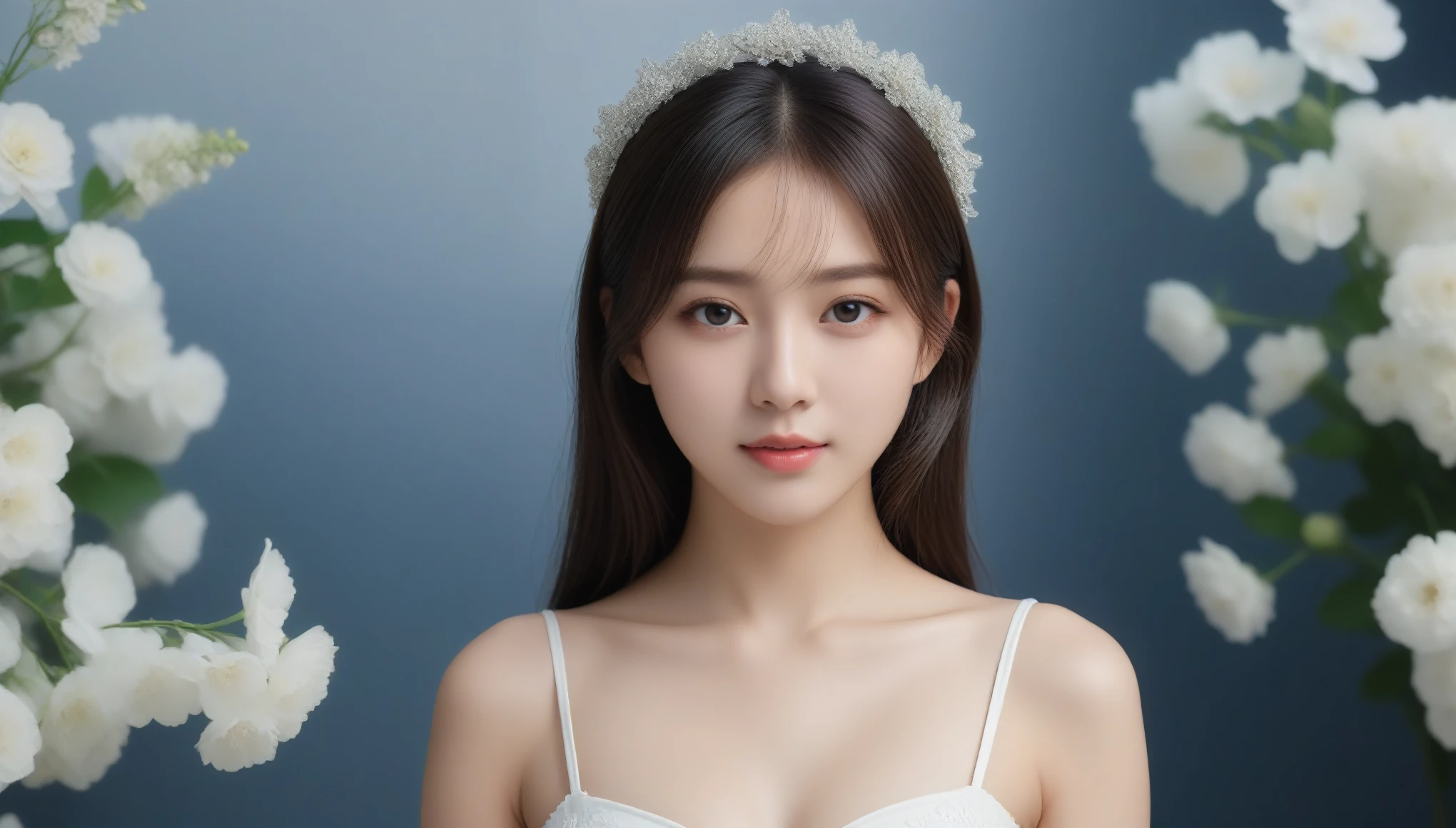 8k, Ultra-high resolution, highest quality, masterpiece, Surreal, photograph, 1 girl, (16 years old:1.3), pretty girl, Cute Face, Beautiful eyes in every detail, 細かくdetailedに,masterpiece,, One Girl:1.2, Japan Female Announcer, One beautiful woman,Woman in white dress with bouquet of flowers,Bold Pose,Looking at the audience、beauty,Long neck、Laugh a little、Please close your mouth and laugh、(((Ideal body type))),A cup small breasts :2,、Portraiture:2、Perfect Anatomy、鮮明なdetailed、detailed、Surreal、Light and shadow,Strong light,Fashion magazine cover,Thin lips