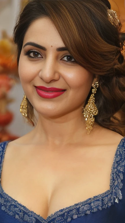night scene, extreme close up photo of naked albh, curvy, hourglass figure, swooping breasts, deep cleavage, standing in temple in ugadi celebrations, French braid hair, necklace, blue lace dress, sultry, seductive eyes, red lips, look at viewer and smile, (cinematic:1.3), intricate details, (ArtStation:1.2)