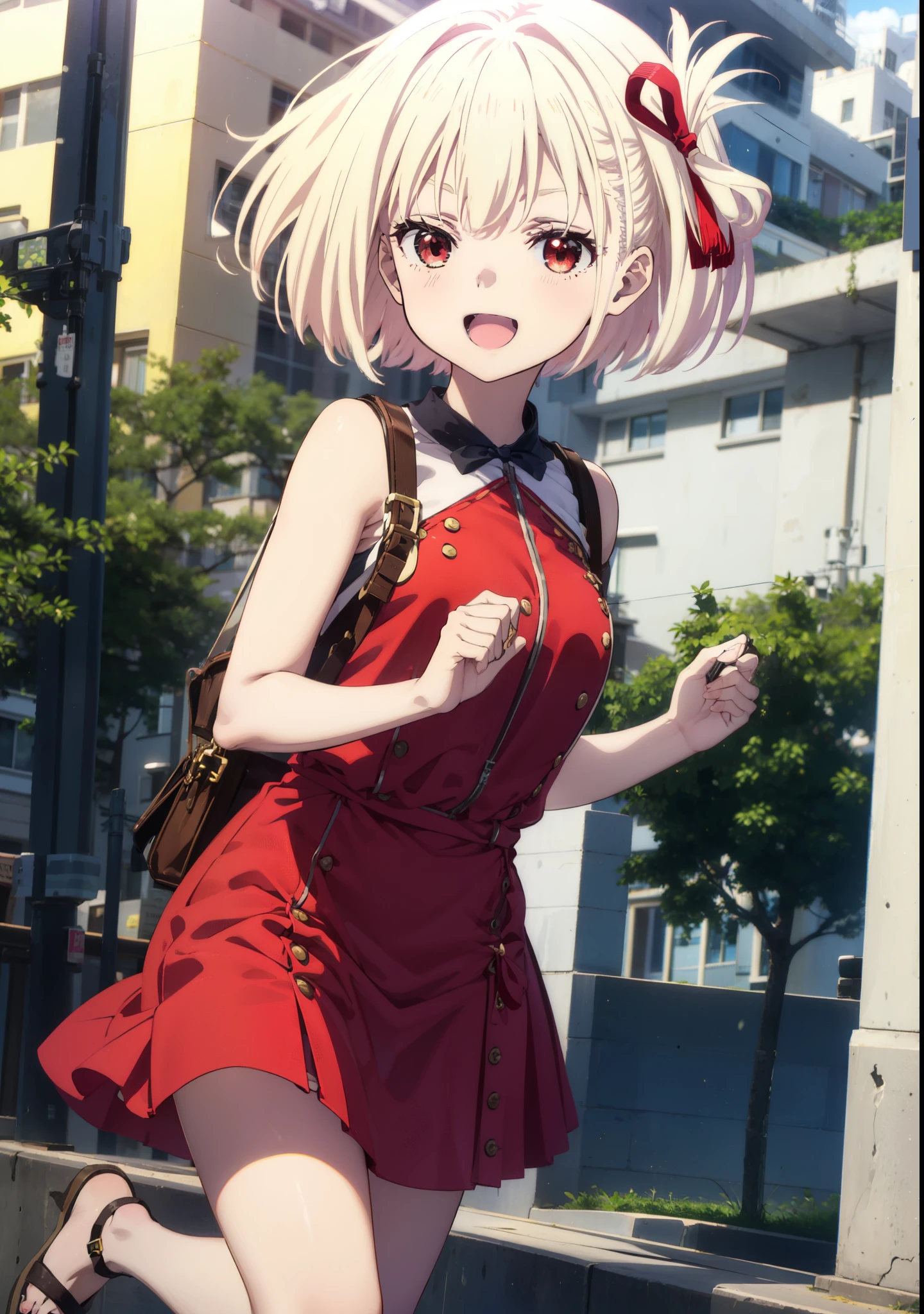 Chisato_Nishikigi_\(Lycoris_Recoil\), masterpiece, best quality,1girl, solo, bangs, left hair ribbon, (medium breasts:1.4), red eyes, short hair, smile, solo, white hair, (Strapless:1.1), (cowboy shot:1.2), city, (uniform:1.2), skirt, sexy