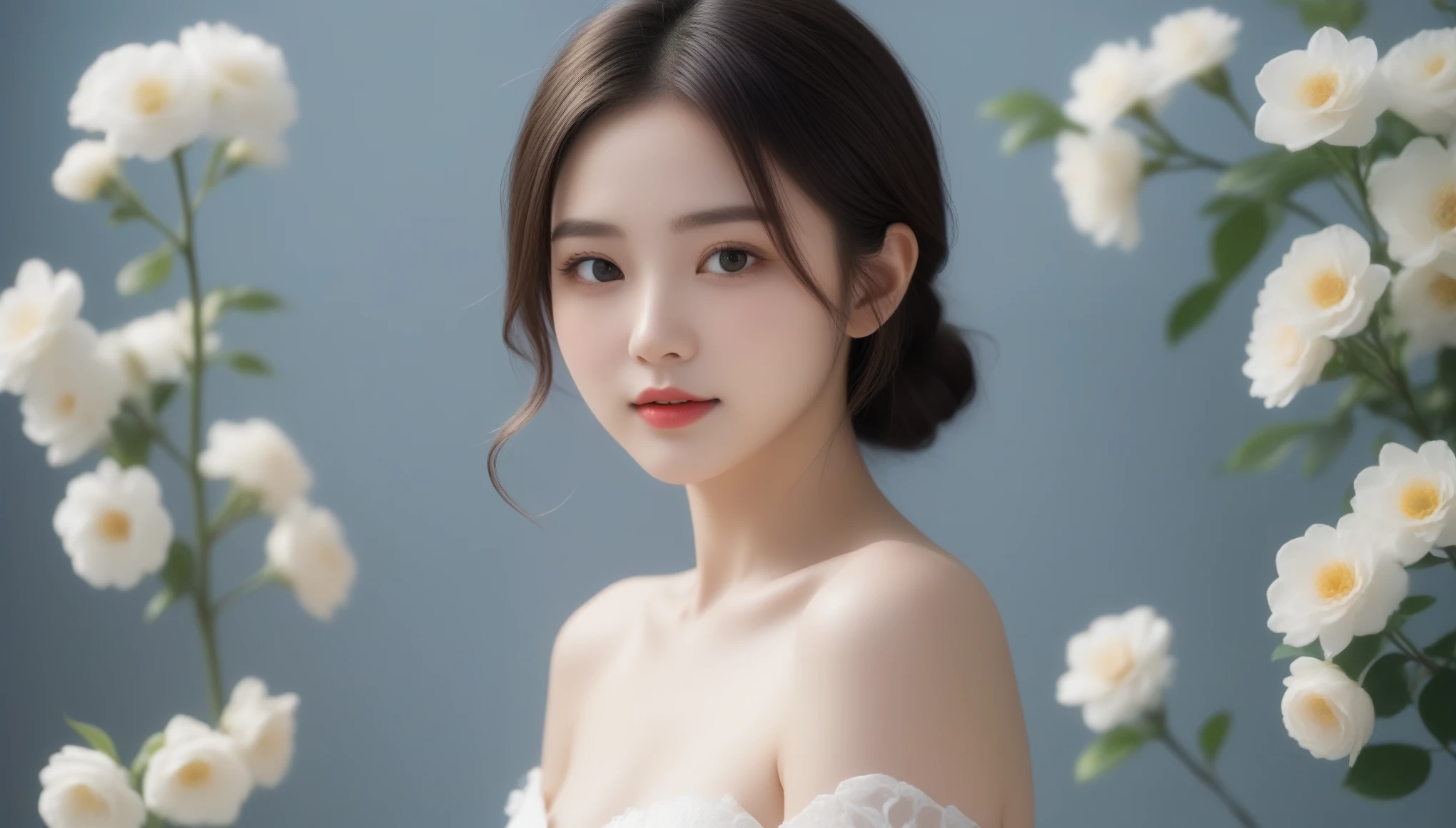 8k, Ultra-high resolution, highest quality, masterpiece, Surreal, photograph, 1 girl, (16 years old:1.3), pretty girl, Cute Face, Beautiful eyes in every detail, 細かくdetailedに,masterpiece,, One Girl:1.2, Japan Female Announcer, One beautiful woman,Woman in white dress with bouquet of flowers,Bold Pose,Looking at the audience、beauty,Long neck、Laugh a little、Please close your mouth and laugh、(((Ideal body type))),A cup small breasts :2,、Portraiture:2、Perfect ???????、鮮明なdetailed、detailed、Surreal、Light and shadow,Strong light,Fashion magazine cover,Thin lips