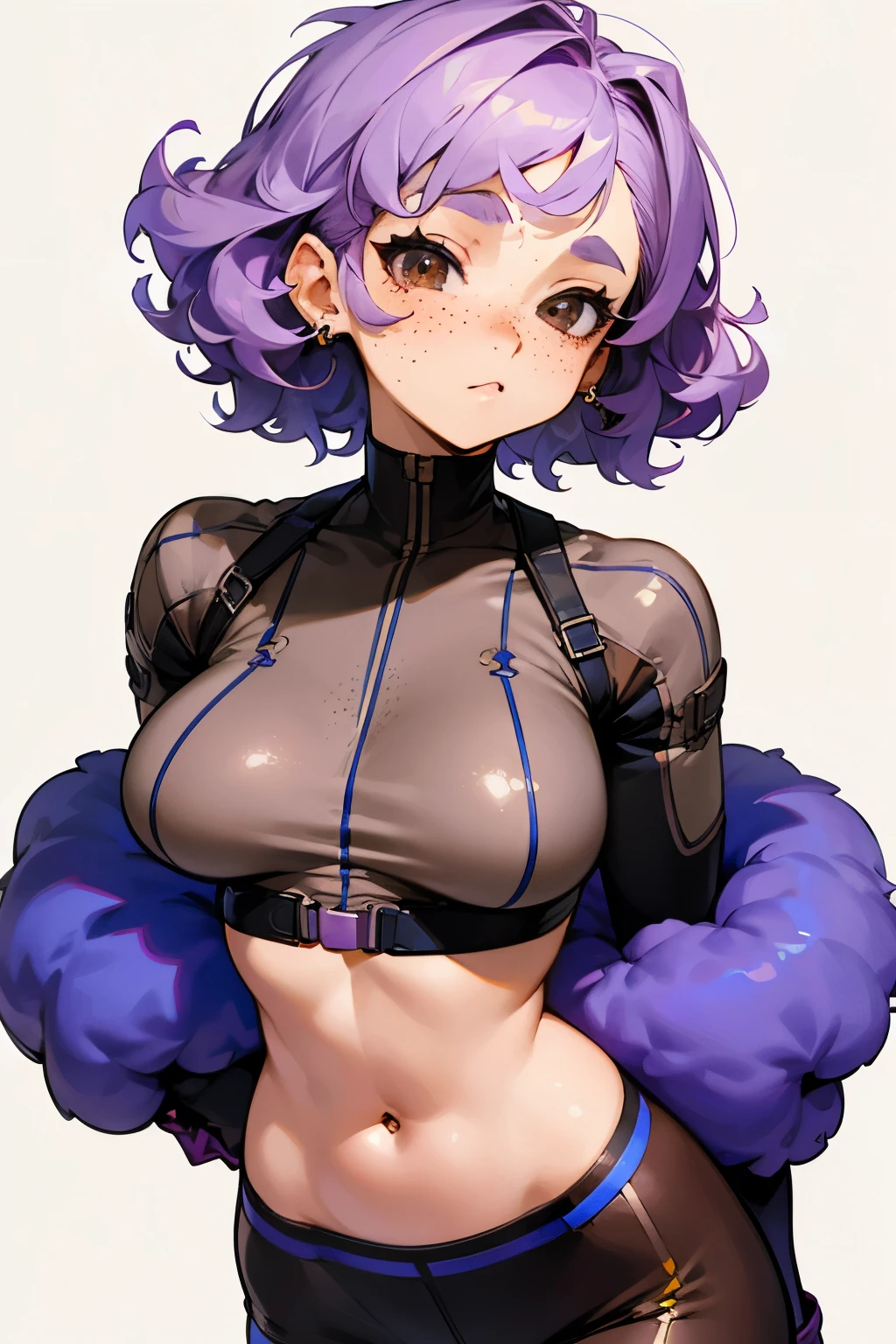 Girl, short curly light purple hair, freckles, septum piercing, big breasts, exposed stomach, wearing a long-sleeved shirt and spandex shorts, contrasting blue and brown eyes