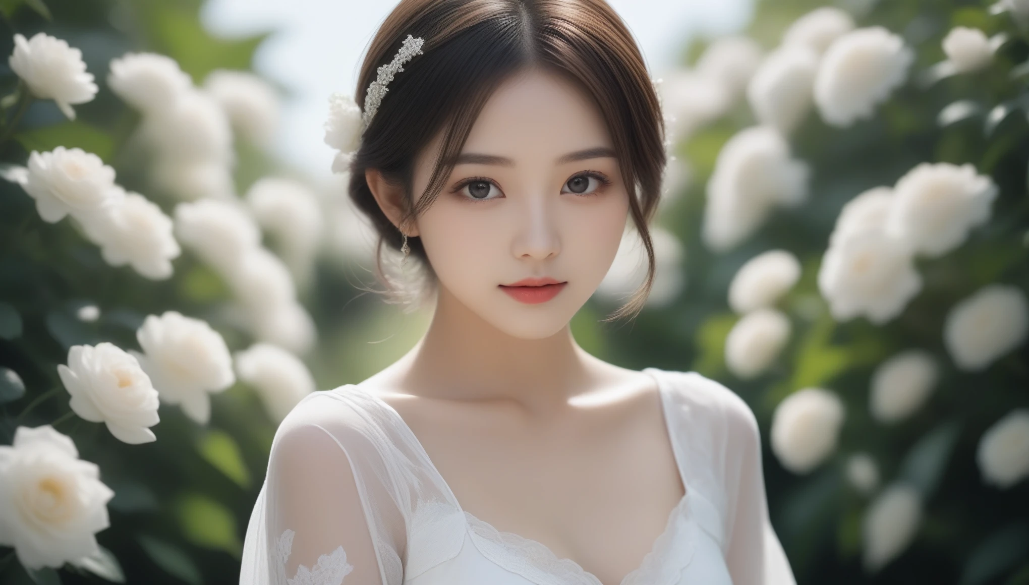 8k, Ultra-high resolution, highest quality, masterpiece, Surreal, photograph, 1 girl, (16 years old:1.3), pretty girl, Cute Face, Beautiful eyes in every detail, 細かくdetailedに,masterpiece,, One Girl:1.2, Japan Female Announcer, One beautiful woman,Woman in white dress with bouquet of flowers,Bold Pose,Looking at the audience、beauty,Long neck、Laugh a little、Please close your mouth and laugh、(((Ideal body type))),A cup small breasts :2,、Portraiture:2、Perfect Anatomy、鮮明なdetailed、detailed、Surreal、Light and shadow,Strong light,Fashion magazine cover,Thin lips